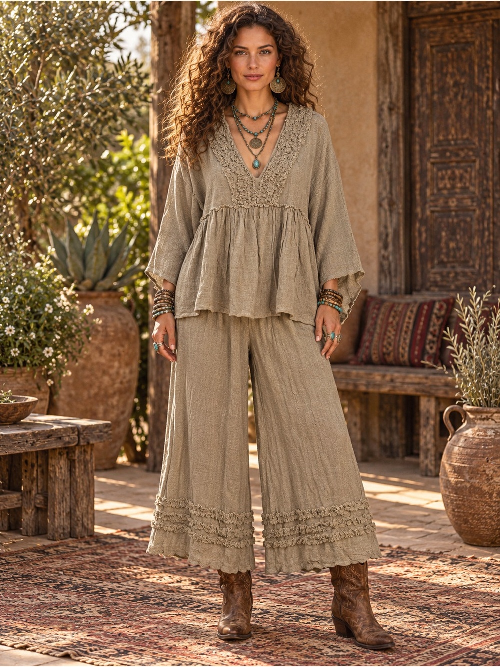 H241 NWT Paper Lace Set OS ptp22 w15-20 Beige Textured Tunic & Pull-On Pants